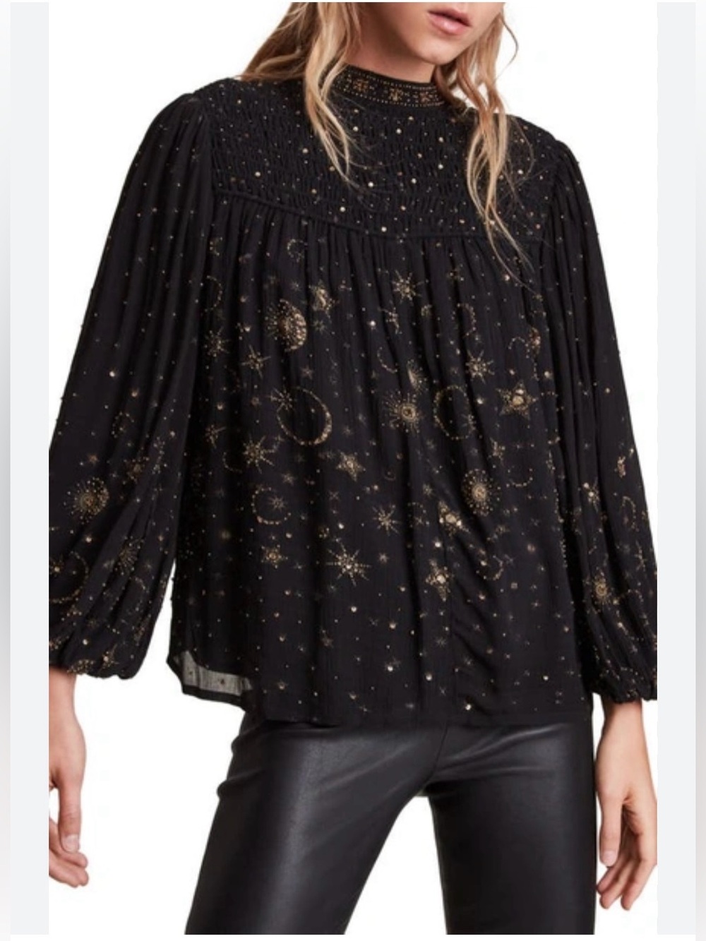 AllSaints Black Blouse with Gold Celestial Print